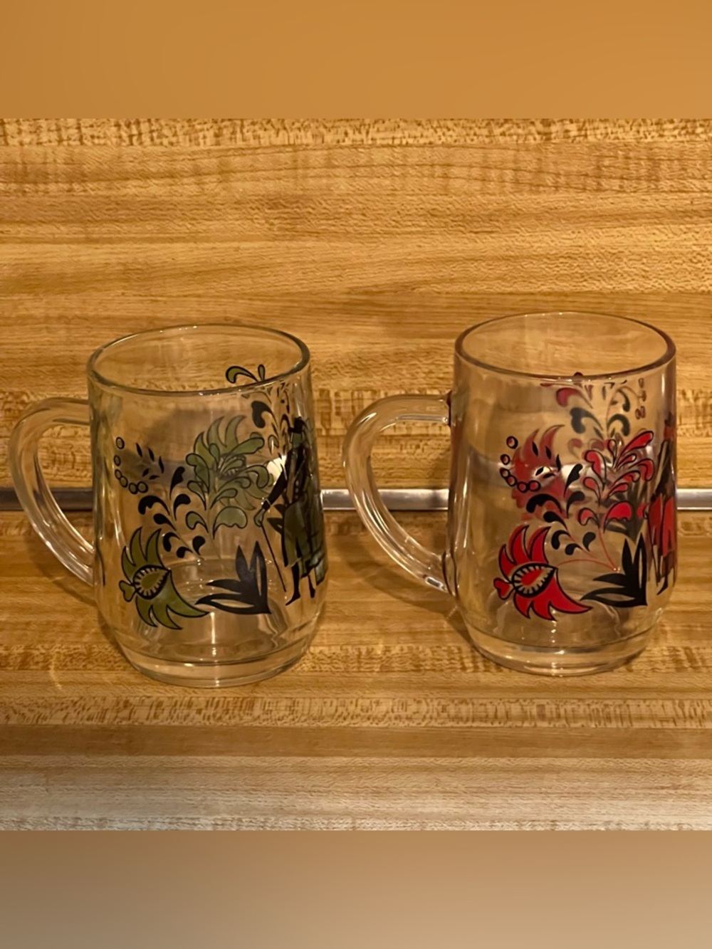 Set of 2 vintage German folk-art glass mugs